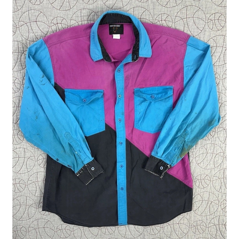 VTG Color Block Pink Blue Black Western Button Shirt / THRASHED / Men's XL